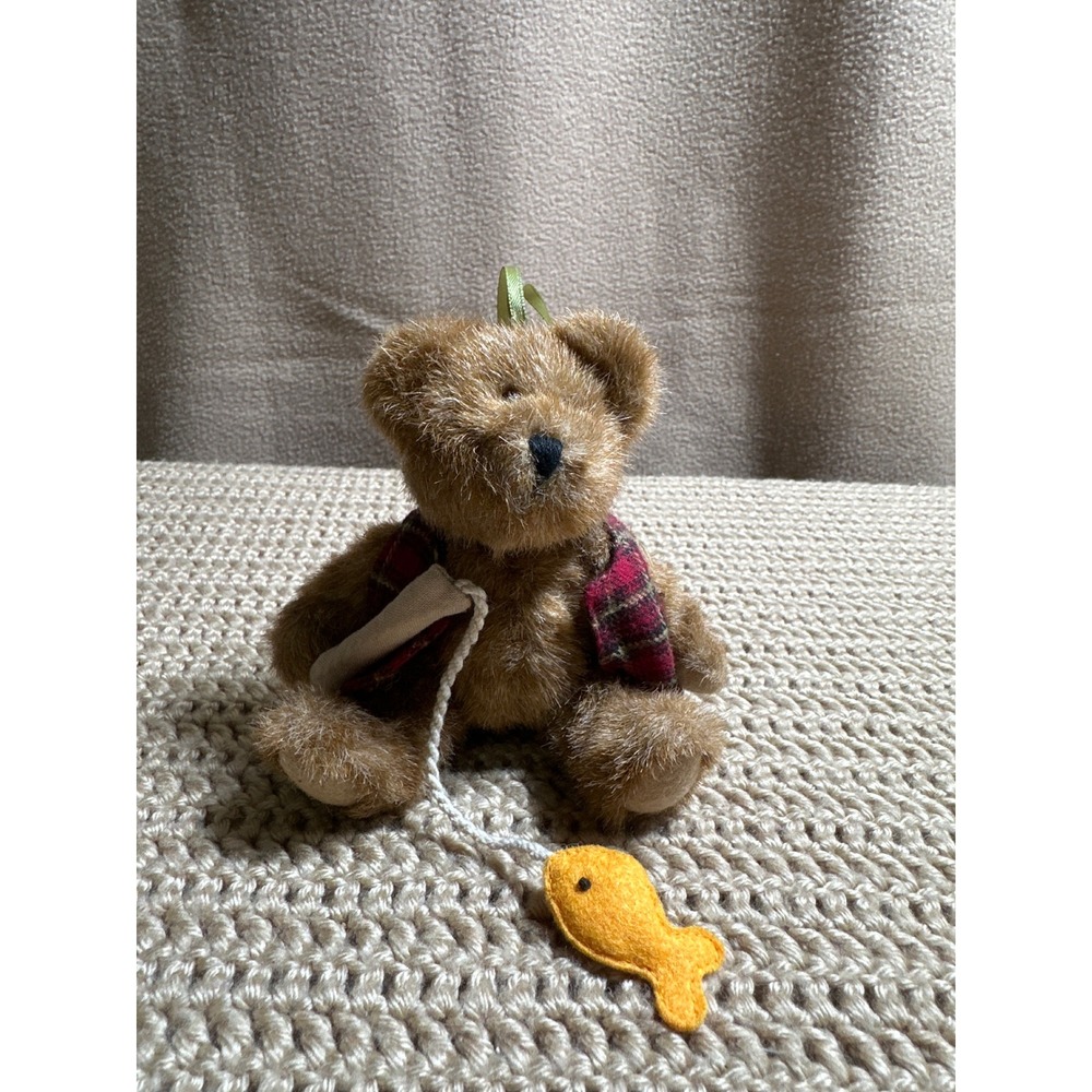 Boyds Bear Fishing Ornament Plaid Vest The Head Bean Collection Brown Plush 4in